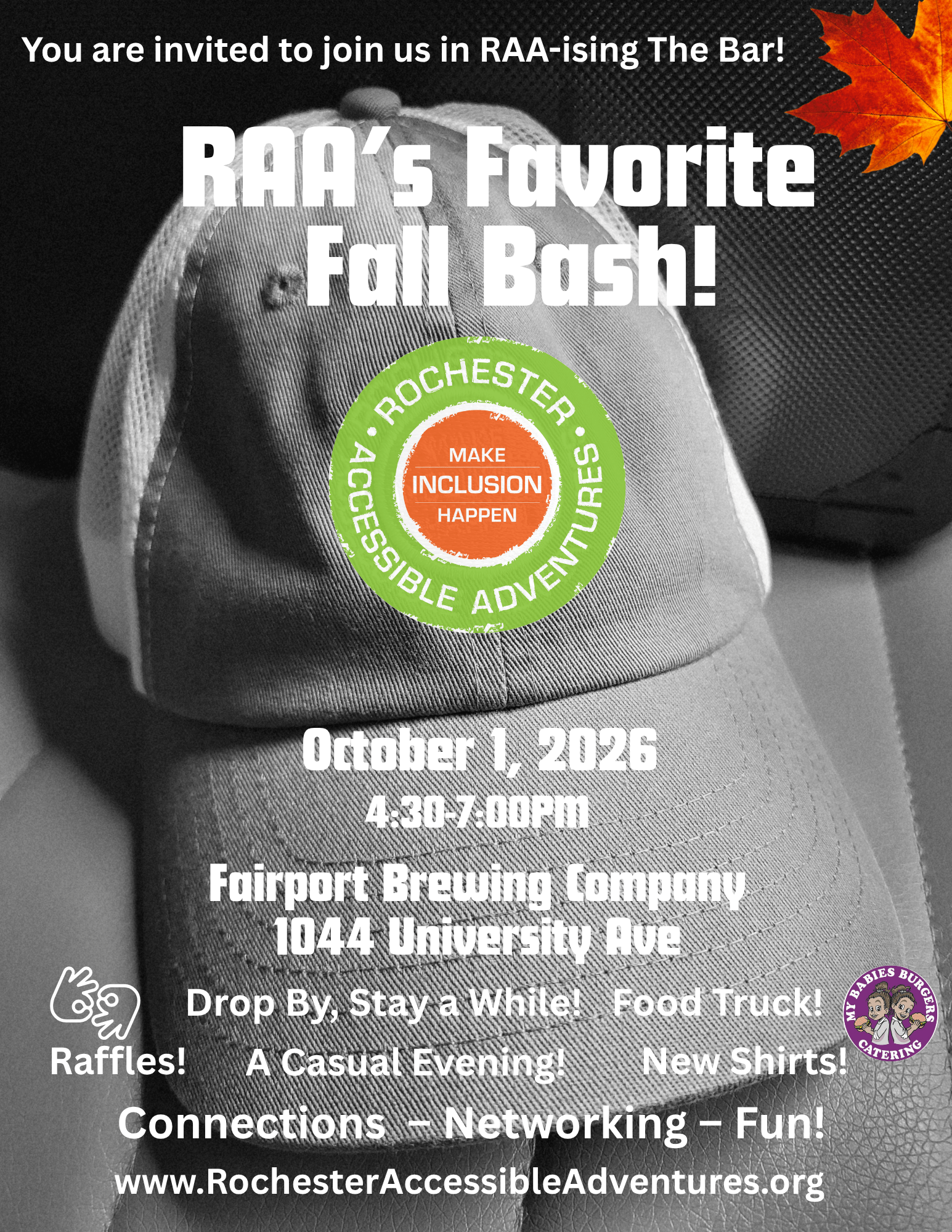 A black and white flyer with "RAA's Favorite Fall Bash" and info about the event on Oct 1st, with RAA's logo in color and a red and orange maple leaf graphic.