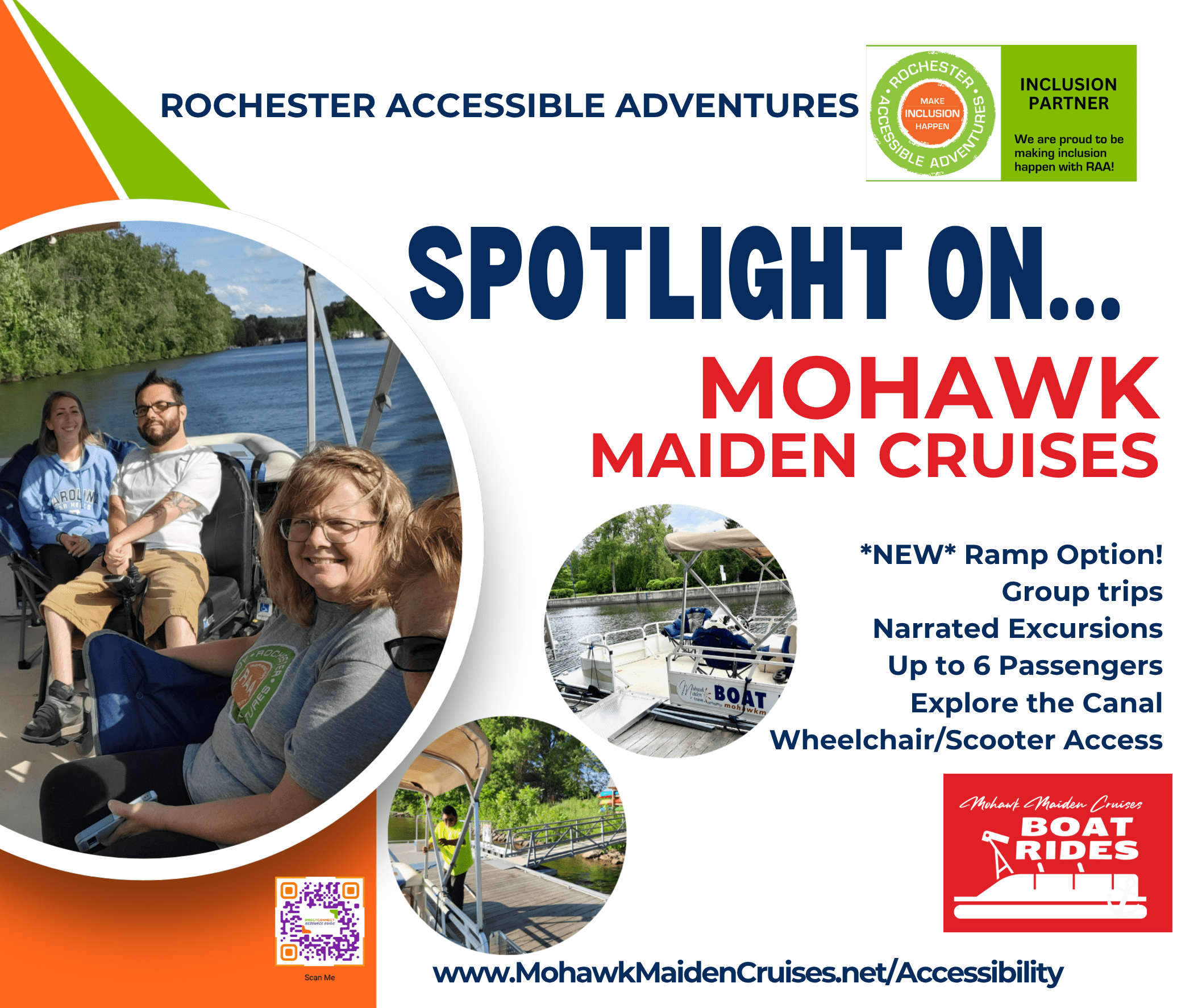 A graphic putting a Spotlight On Mohawk Maiden Cruises for their wheelchair accessible pontoon boat excursions