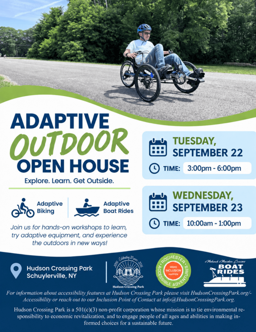 Flyer for an Adaptive Outdoor Open House at Hudson Crossing Park on Sept 22 and 23.