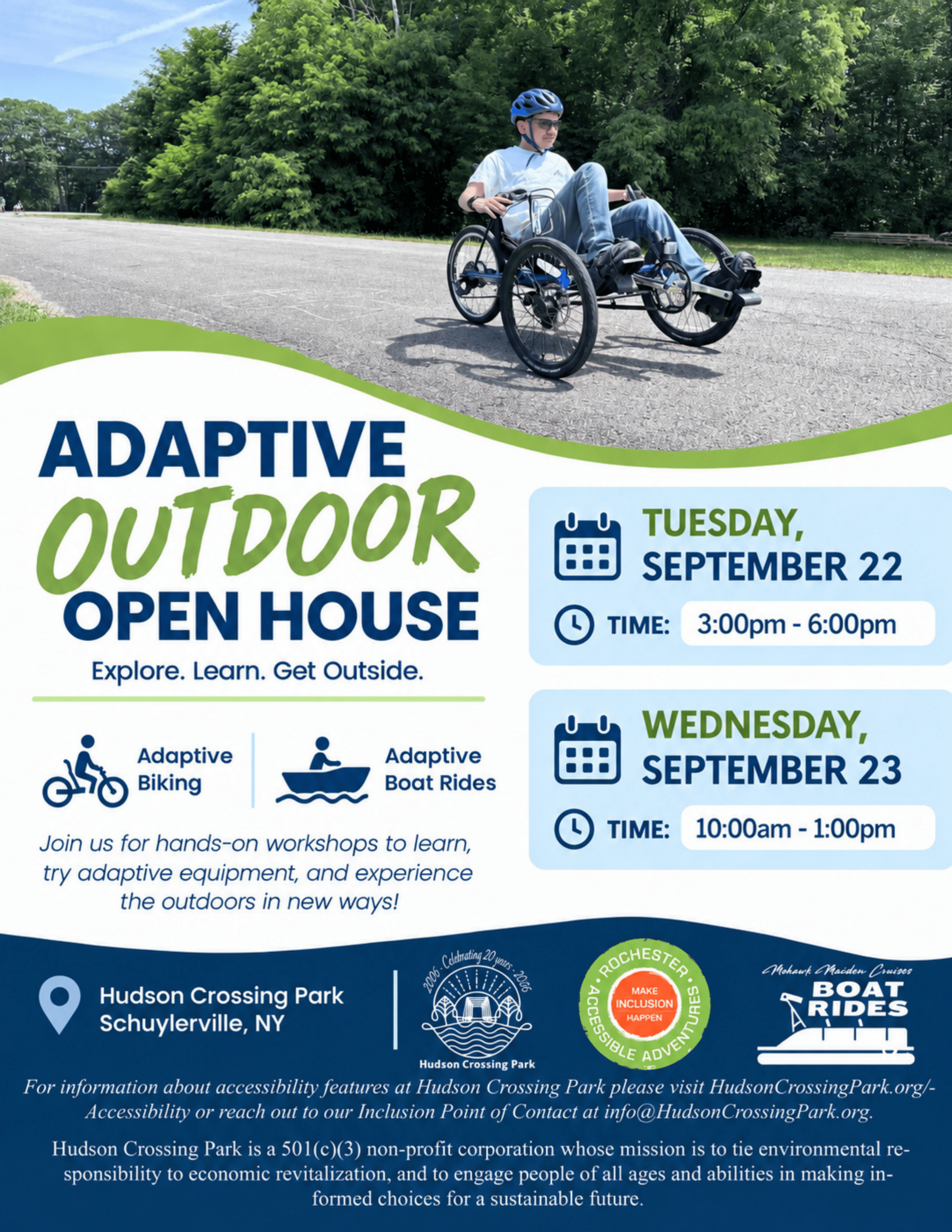 Flyer for an Adaptive Outdoor Open House at Hudson Crossing Park on Sept 22 and 23.