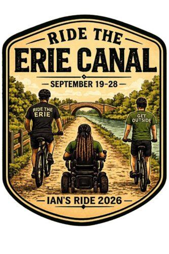 Logo for Ride the Erie Canal with vintage colors showing a man in a power wheelchair alongside two people on standard bikes along the canal.