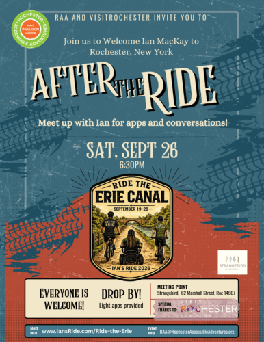 Flyer highlighting an After The Ride event to celebrate with Ian Mackay of Ian's Ride as he comes through Rochester NY. Held at Strangebird.