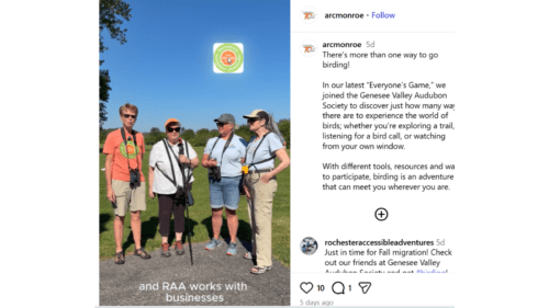 A screenshot of Arc of Monroe's instagram page with an RAA exec director and the team from GVAS talking about inclusive birding