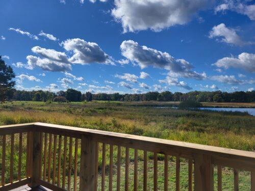 The corner rail of a viewing platform in the foreground with a huge wide-open expanse of prairie, water and trees in the far distance, with blue sky painted with whil puffy clouds.
