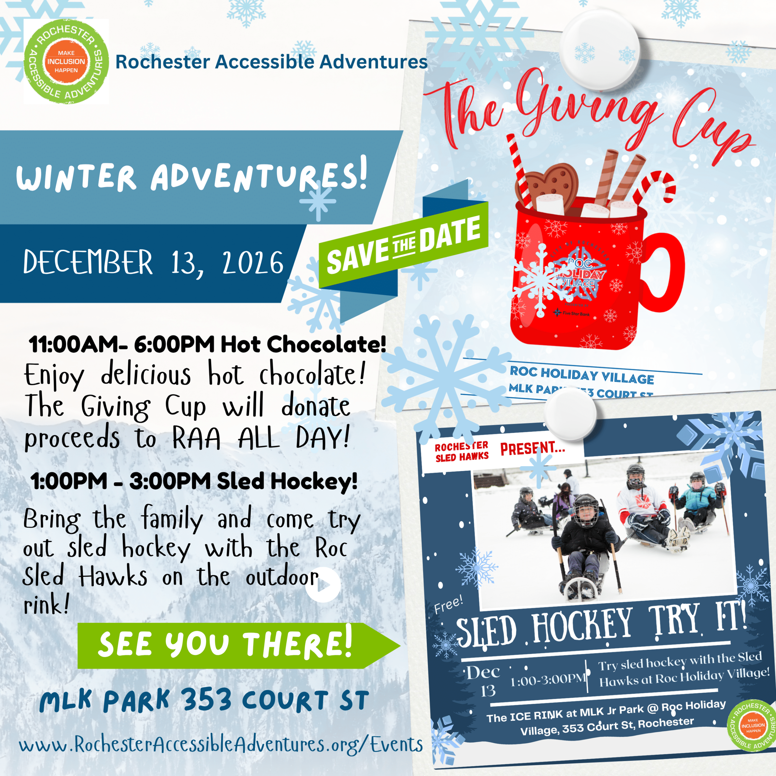 A flyer with info on RAA at Roc Holiday Village Dec 13 2026