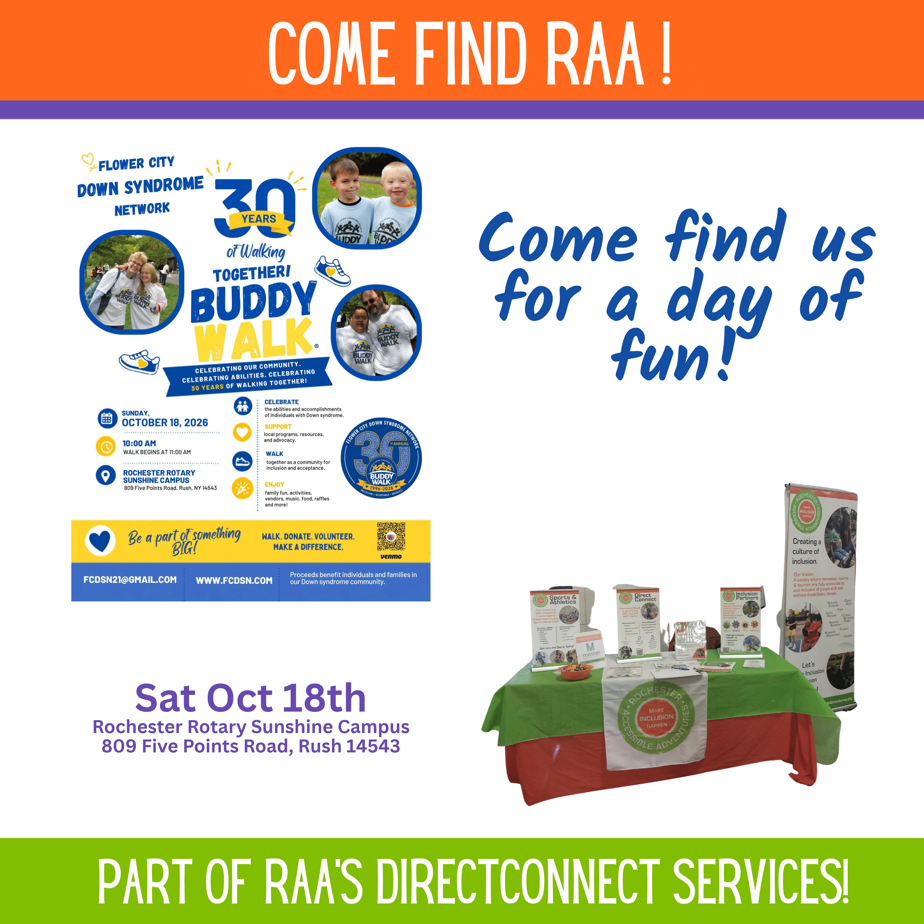 Promotion for finding RAA tabling at the Flower City Down Sydrome Network's Buddy Walk on Oct 18th.