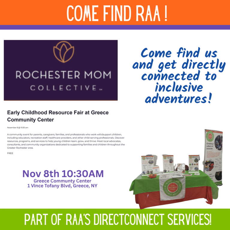 Promotional ad for RAA being at the Early Childhood Resource Fair at Greece Community Center.