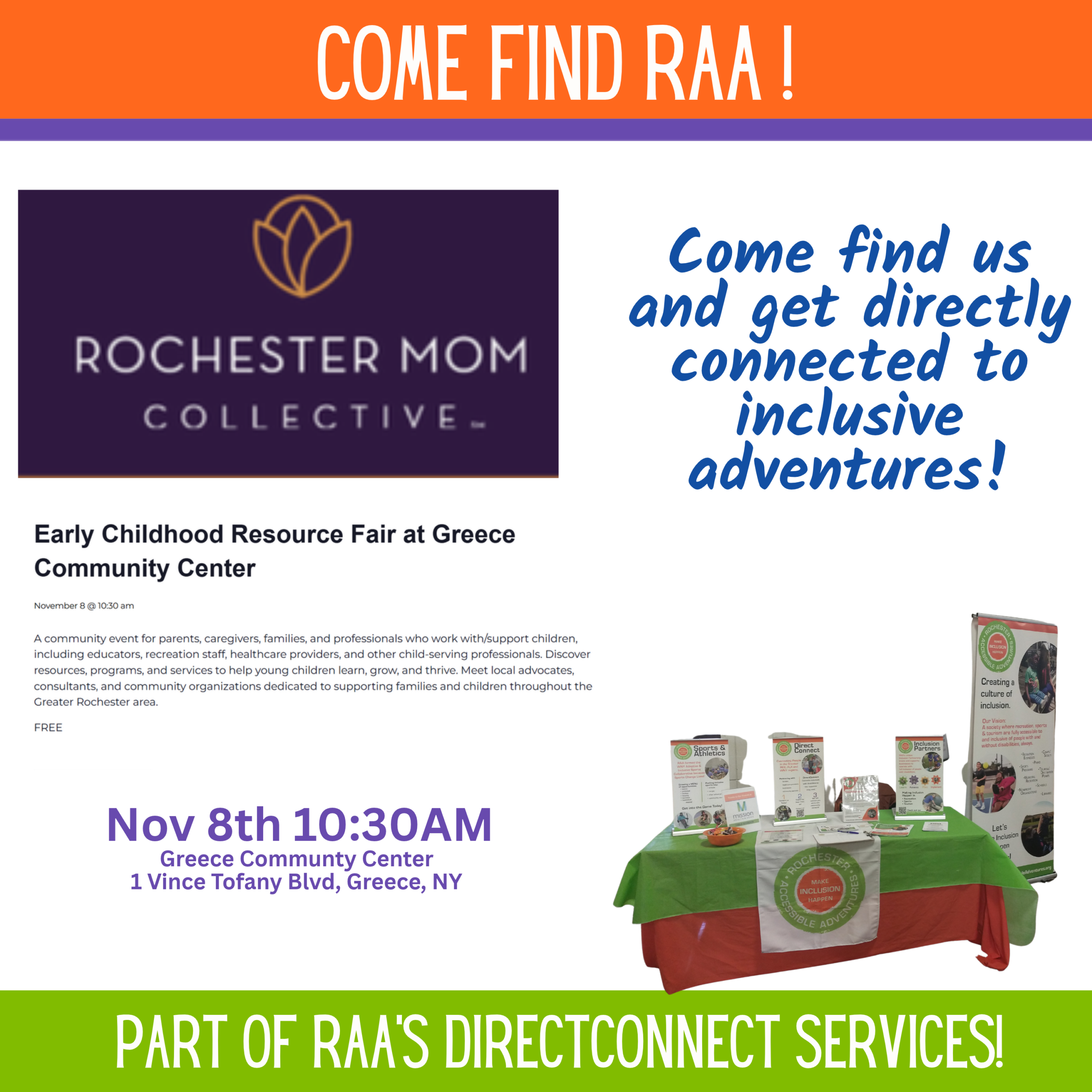 Promotional ad for RAA being at the Early Childhood Resource Fair at Greece Community Center.